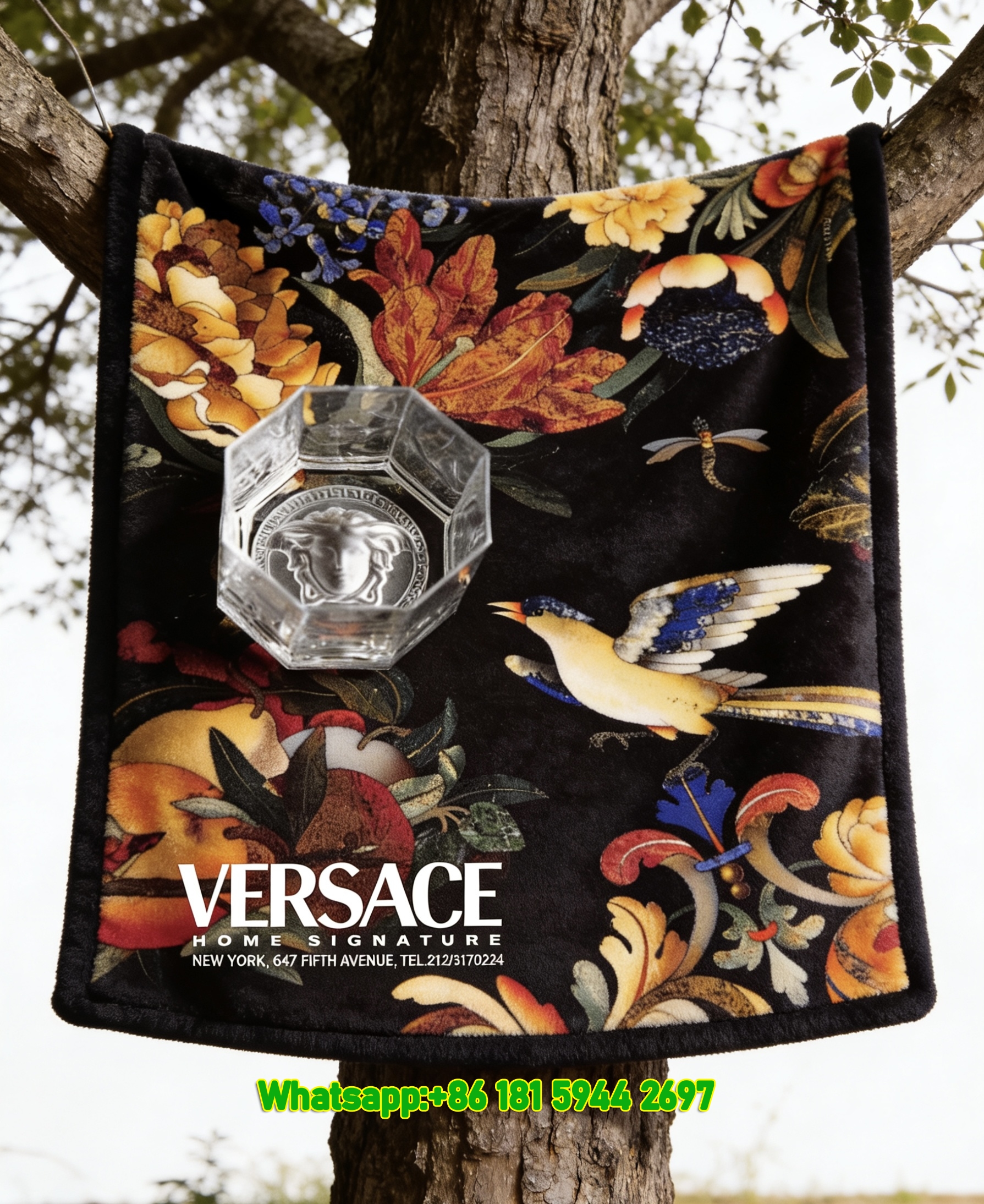 Versace Home Signature Floral Bird Print Multicolor Black Gold Flannel Sofa Throw Blanket IMG_1566